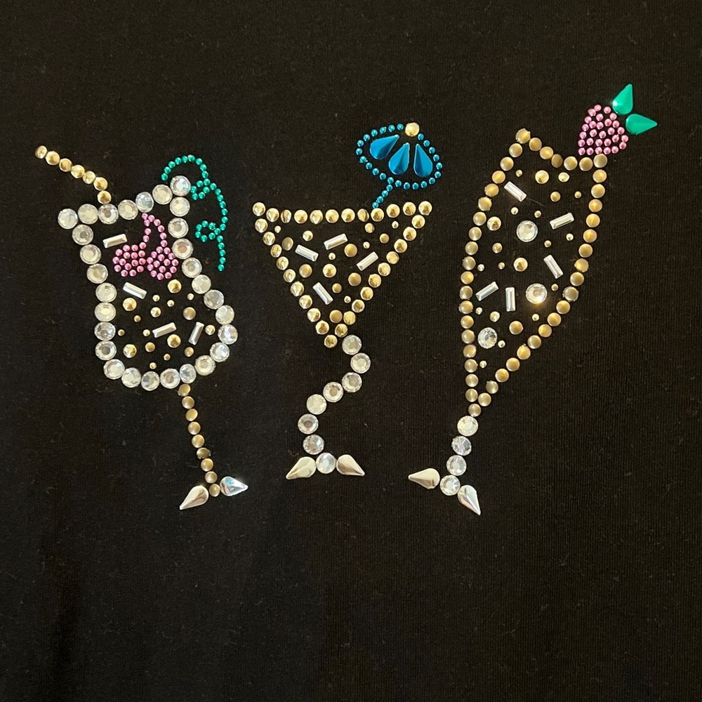 🍹Coral Bay Black Short-Sleeve Tee with Rhinestone Cocktail Motif size Large - Picture 3 of 4